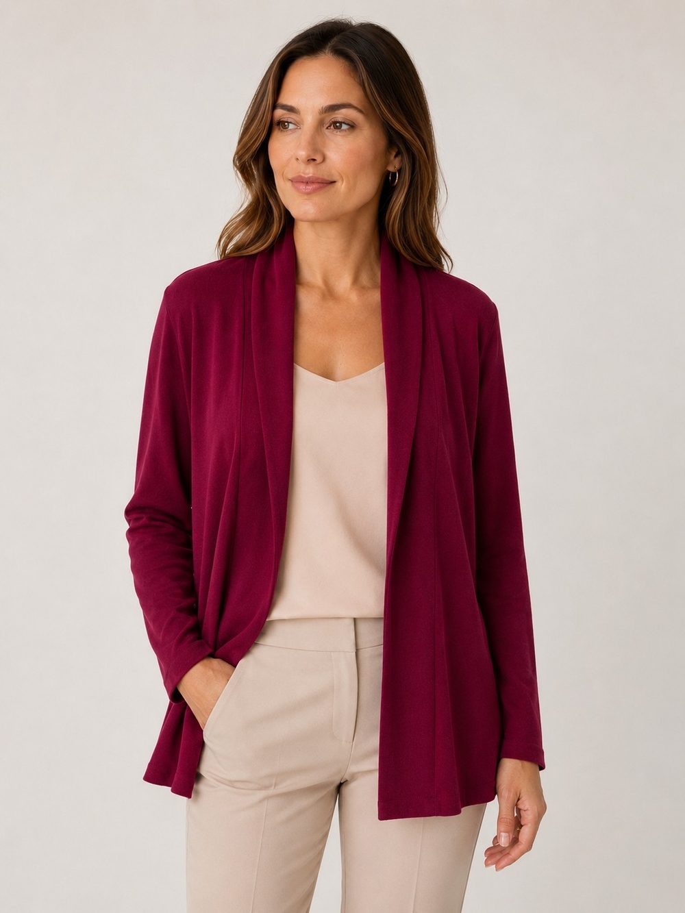 Le Château Burgundy Cardigan XL Long Sleeve Open Front Office Chic Layering